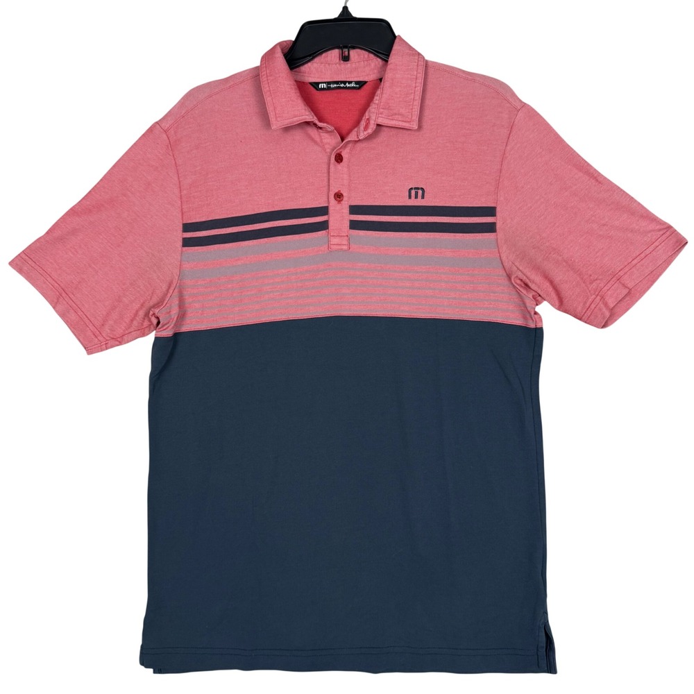 Travis Mathew Polo S 28in Golf Shirt Striped Colorblock Red Navy Blue Preppy